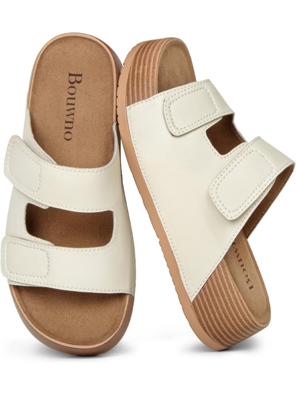 Women's White Leather Genuine Slip on Beach Slide Buckle Platform Sandal Shoes